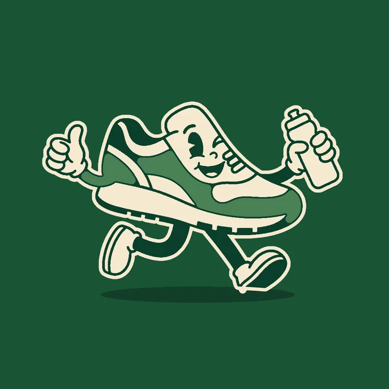 Runny, la basket mascotte du running, pouce levé et gourde à la main.